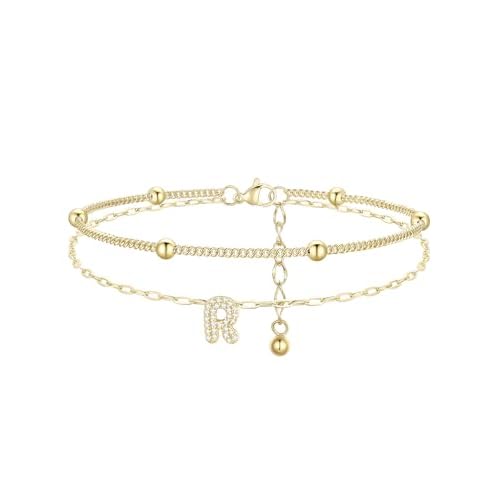FindChic Initial Anklet for Women, Silver/Gold Plated Layered Beaded Ankle Bracelet with Cubic Zirconia Initial Charm, Adjustable Waterproof Non-Tarni