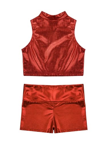 Kids Girls 2pcs Shiny Metallic Gymnastics Dance Tracksuit Sleeveless Mock Neck Crop Top Vest And Boy Shorts Set Red 16 Years4