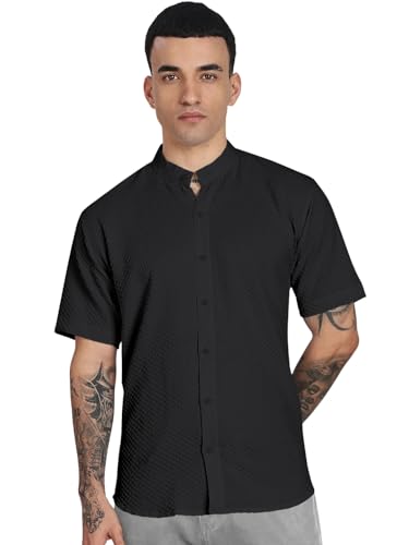 Image of Men's Regular Fit Solid Casual Shirt - Short Sleeve, Mandarin Collar, Lightweight Polyester, Stylish Everyday Wear