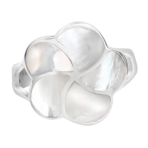 AeraVida Hawaiian Plumeria Flower White Mother of Pearl Inlay .925 Sterling Silver Ring | Adorable Flower Wedding Rings For Women Sterling Silver Rings Sizes (7)