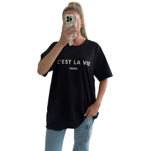 Image of eyes Women C’est La Vie Slogan Short Sleeve Round Neck Oversized Summer Baggy Solid Color Fashion T Shirts Plus Size Tops for Ladies Casual Outwear Loose Fit T-Shirt UK Black ML (UK 12-14)