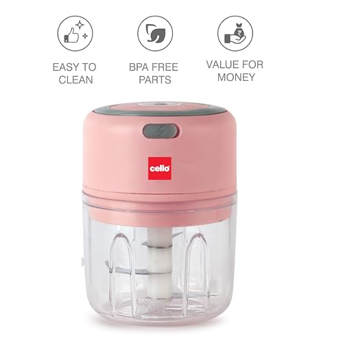 Image of Cello Reva Multi Functional Electric Chopper | Stainless Steel Blades & Unbreakable Bowl | One Touch Operation | Rechargeable and Portable | Perfect For Quick Chopping, Mincing & Processing | Pink