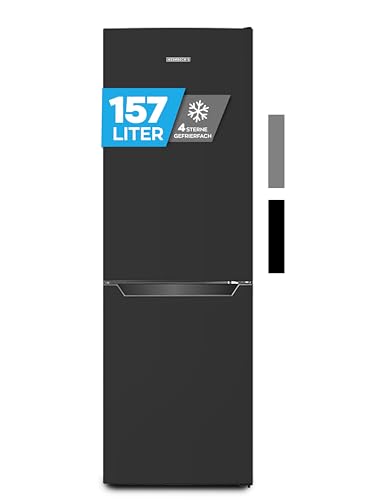Heinrich´s Kühlgefrierkombination mit 157 L Gesamtvolumen, 109 L Kühlvolumen 48 L Gefriervolumen, LED Beleuchtung, Türanschlag wechselbar, verstellbare Füße, leise 39 dB, große Tiefkühlboxen, schwarz