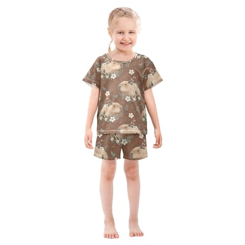Pajama Short Sets Capybara Floral Brown Background Soft Cotton Summer Sleepwear 2 Piece PJS Size 5-14T4