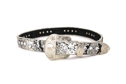 Genuine Leather Belt for Women & Cowboy Big Rhinestone With Engraved Buckle Country Style Silver3