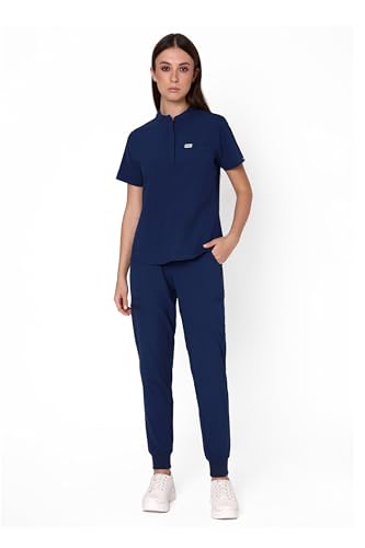 Image of KNYA Ecoflex Women's Align Scrub Suits |8 Pockets | Mandarin Top |Cargo Bottom | 4-way stretch | For Doctors (XS, Navy Blue)