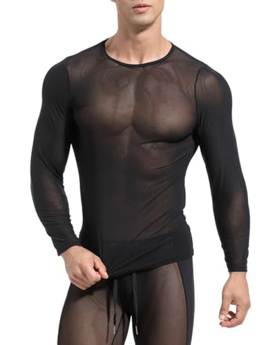 Hommes Voir à Travers Manche Longue Maille Transparente Chemise Sexy Transparent Hauts Clubwear Noir M