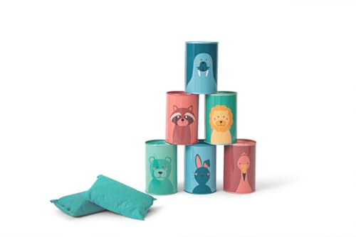 BS Toys Dosenwerfen – Wurfspiel für Kinder ab 3 Jahren – Outdoor & Geburtstagsspiel mit 10 Dosen mit Tiermotiven & 2 Wurfsäckchen – Gartenspiel & Geschicklichkeitsspiel