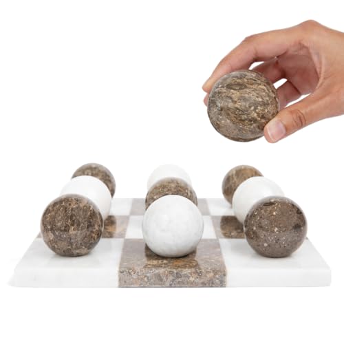 Marble Tic Tac Toe Set | Decorative Round Tic Tac Toe Game Set | Coffee Table Decor - Coffee Table Game - Tabletop Game - Room Decor - Modern Home Decor - Bookshelf Decor (Brown and White Marble)