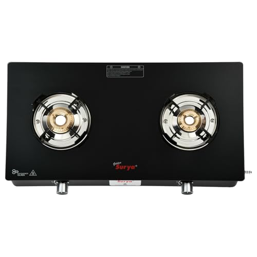 Image of Golden Surya 2 Burner Gas Stove CXJ-22 Flame Guard | Toughened Glass Top | Manual Ignition | BIS Certified | 18 Months Warranty | LPG Cooktop