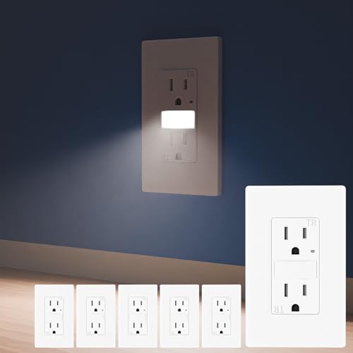 15AMP Outlet with Nightlight Dusk to Dawn Standard Electrical Outlets with Nightlight 6000K Cool White LED Tamper Resistant Outlet ETL Listed Screwless Wall Plate Included 6 Pack