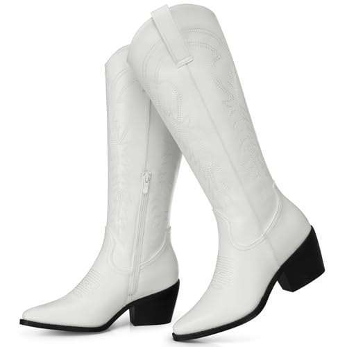 TEMOFON White Cowboy Boots Women: Knee High Pointed Toe Wide Calf Cowgirl Chunky Heel with Side Zipper Fall Winter Booties Size 6.5