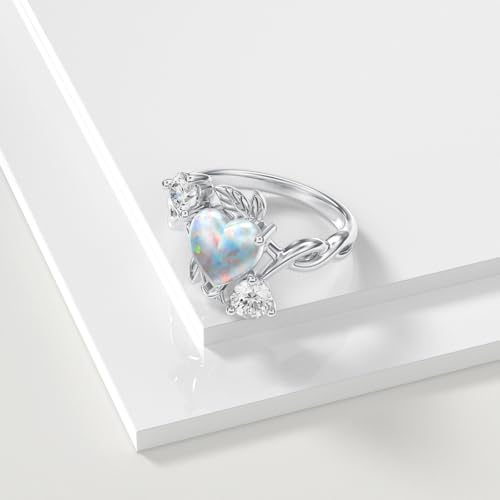 Image of 0.3 Carat Moissanite and White Opal /Blue Opal /Black Opal Engagement Ring 925 Sterling Silver 8-9 MM Heart /Round /Oval Cut Opal Moissanite Ring for Women Size 5-13