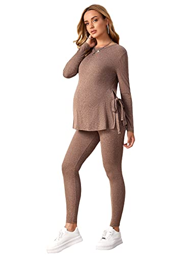 Makemechic Women's Maternity 2 Piece Outfits Long Sleeve Tie Side Tee Shirt Top And Leggings Set Mocha Brown M #TOP20