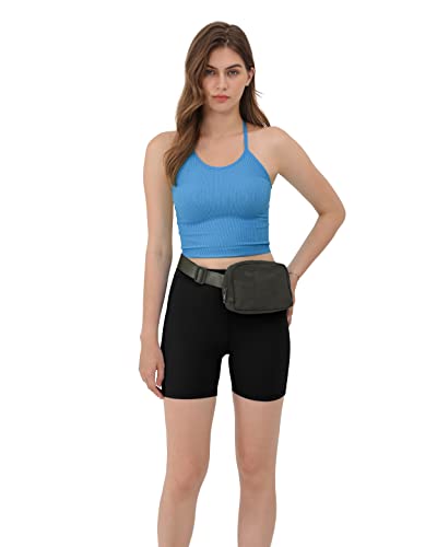 ODODOS Women's Crop 3-Pack Washed Seamless Rib-Knit Camisole Crop Tank Tops, Long Crop, Black Navy Blue, X-Small/Small