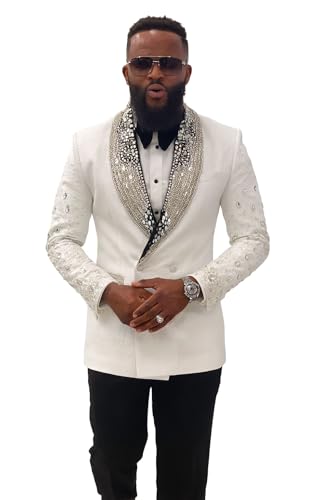 Luxury Men's Jewelry Stone Suit Black Shawl Lapel Prom Blazer Customized 2-Piece Sets Man Banquet Business Party Groom Tuxedo