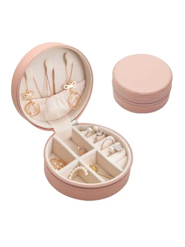 Image of Travel Jewelry Box Mini Portable Organizer Travel Case with Zipper Faux PU Leather Small Storage Boxes for Rings Earrings Necklaces Bracelets for Women Girls (Round-Pink)