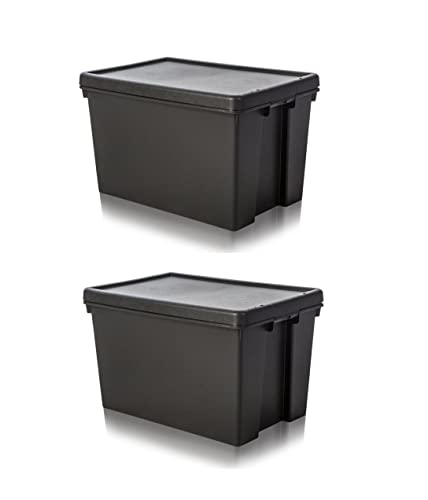 Wham Bam 100% Recycled Super Strong Impact Resistant Black Re-Usable Storage Boxes With Lids 62 Litre 59.5 x 40 x 37cm (2 Boxes)