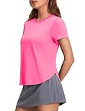 PINSPARK Short Sleeve Workout Tops for Women Sun Protection Hiking Top Moisture Wicking Running Shirts 2024 Basic Athletic Tops, Hot Pink XL
