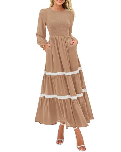 KIRUNDO Womens Smocked Long Sleeve Maxi Dress Wedding Guest Spring Fall Boho Tiered Lace Trim Flowy Long Dresses Pockets(Khaki, XX-Large)