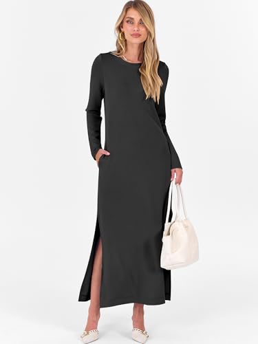 ANRABESS Women Long Sleeve Dresses 2025 Fall Casual Crewneck Loose Fit Split Flowy Wrinkle-Free Travel Vacation Maxi Dress4