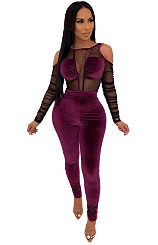 Soluo Women's Sexy Deep V-Neck High-Waist Velvet Jumpsuits One Piece Long Sleevess Loose Pants Juniors Outfits (Purple,Large)