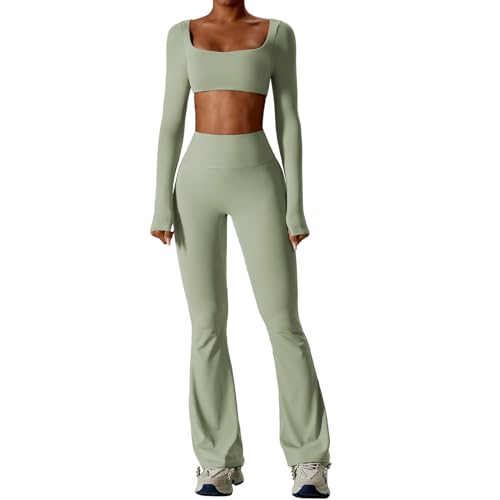 ABOCIW Workout Sets for Women 2 Piece Square Neck Long Sleeve Crop Tops High Waist Flared Leggings Gym Sets