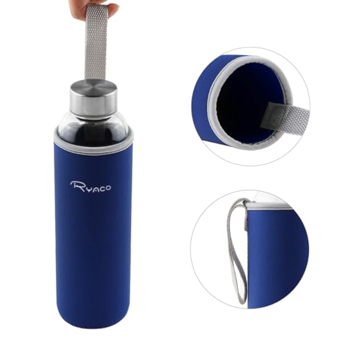 Image of Ryaco Borosilicate Glass Water Bottle 33oz /1L /1000ml BPA-Free Leak Proof Ideal for School Home Office Travel Sport Yoga Gym Hot Cold Drinks with Portable Neoprene Carrying Sleeve and Sponge Brush
