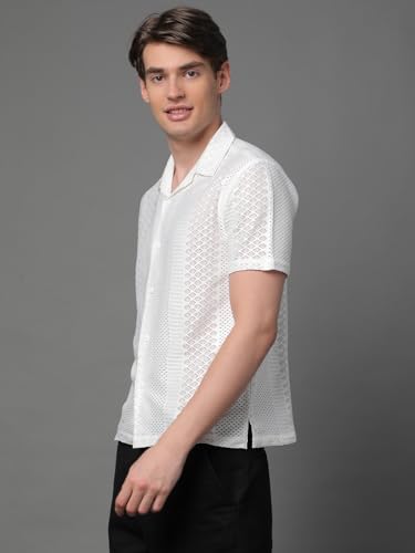 Image of Voroxy Poly Cotton Casual Loose Fit Shirts for Men with Stylish Structural Pattern Office & Formal Shirt with Branded Cuban Collar Style Half Sleeves Comfortable Wear