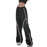 KMBANGI Womens Parachute Pants Baggy Y2k Track Pants Elastic Waist Side Stripes Sweatpants Loose Wide Leg Joggers Cargo Pants(A Black,M)