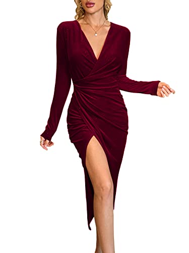 LYANER Women's Velvet Deep V Neck Wrap Split Slit Hem Long Sleeve Midi Dress Burgundy X-Large