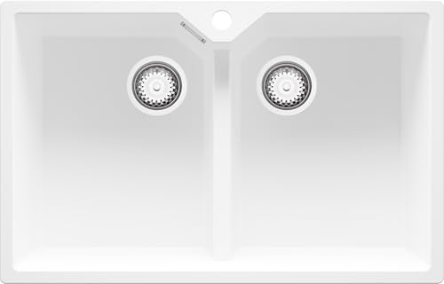 PRIMAGRAN Evier Cuisine en Granit Blanc 78x50cm, Lavabo 2 bacs + Kit de Vidage, Évier à Encastrer au Meuble 80cm - Madrid Twin S002
