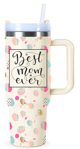 Presente de Natal para a mamãe - Copo de café Best Mom Ever 1,134 g com alça e canudo, presentes de aniversário para mãe, copo de presente de dia das mães, ideias de presente de Natal para mães