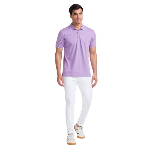 Image of Park Avenue Men Cotton Slim Fit Solid Pattern Polo Neck Casual T-Shirt