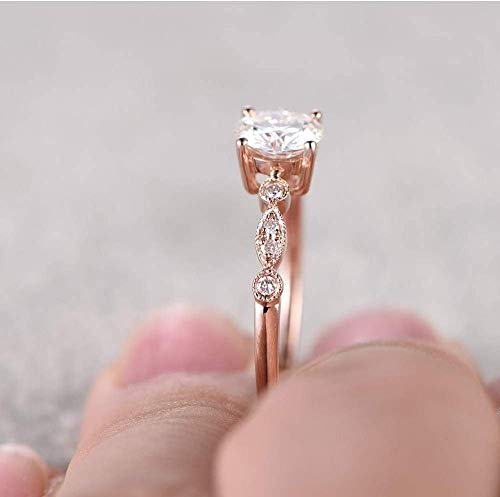 LadayPoa 6.5mm Round Cubic Zirconia Engagement Ring Wedding Ring 14k Rose Gold/Silver Plated Milgrain Band Ring for Women4