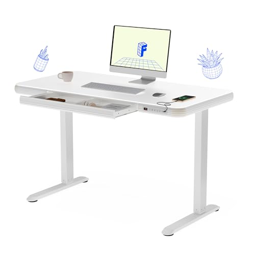 FLEXISPOT Comhar Electric Pure Glass Standing Desk with Drawer Desktop & USB Charge Ports, 48' Ergonomic Height Adjustable Sit to Stand Desk for Home Office (White, Glass)