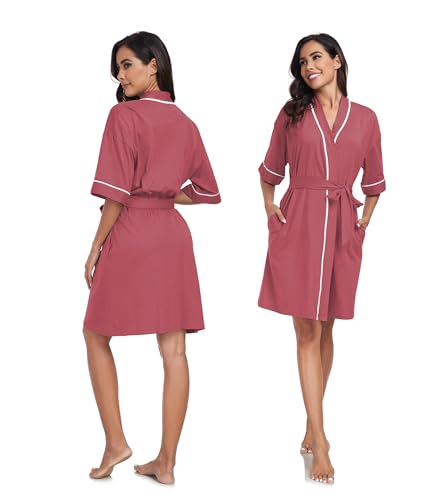 Image of ANLIQI Womens 100% Cotton Robes Lightweight Summer Short Sleeve Lady Bathrobe Knee Length Kimono Robe Sleepwear with Pockets
