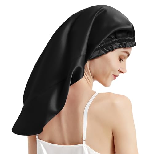Mommesilk Maulbeerseide Haarhaube Schlafmütze Schlafhaube 100% Seide 22 Momme Lange Seidenmütze Kappe für lockiges Haar Seidenhaube für Frauen mit Langen Haaren Schwarz