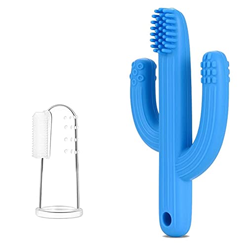 Anneaux de Dentition Bébé avec Brosse à Doigt en Silicone,Cactus Jouet de Dentition Silicone 100% sans BPA pour Bebe (Bleu) Cover