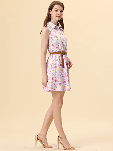 Image of Allegra K Women's Floral Printed Half Placket Above Knee Summer Sleeveless Belted Dress