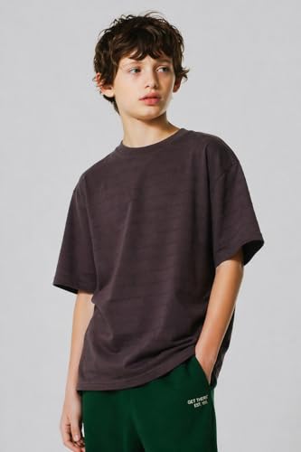 Image of Alan Jones Clothing Boys Oversized T-Shirt with Embossed Stripe Design | Half Sleeve Round Neck Casual Tee for Kids