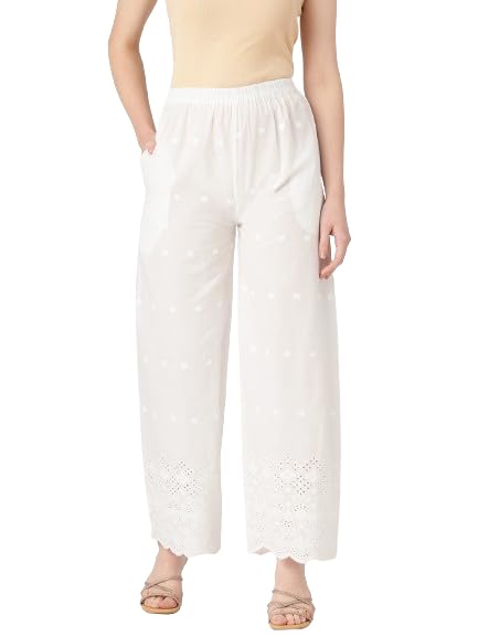 Image of feranoid White Chicken Embroidred Cotton Regular Fit Palazzo
