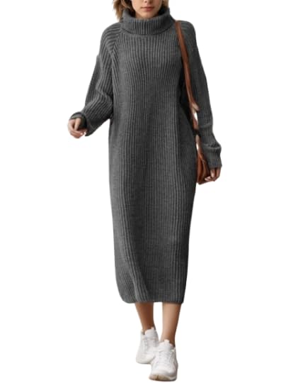 TIAFORD Women Winter Sweater Maxi Dress Oversized Turtleneck Long Sleeve Sweater Pullover Dress Casual Loose Knit Shift Dress