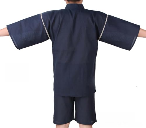Men's Kimono Japanese Shirt and Shorts Suit, Cotton Linen Loungewear Lounge Set Spa Bathrobe, Navy4