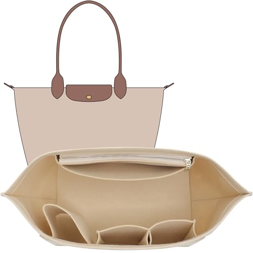 OAikor Inserção organizadora de bolsa compatível com Longchamp Le Pliage grande e mais, bolsa organizadora com zíper de feltro com suporte de copo, bolsa feminina modeladora com 8 compartimentos (bege