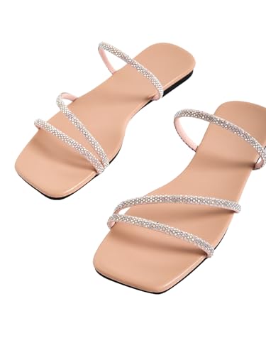 GORGLITTER Women's Rhinestone Flat Strappy Sandals Dress Open Toe Slip on Slide Sandals2