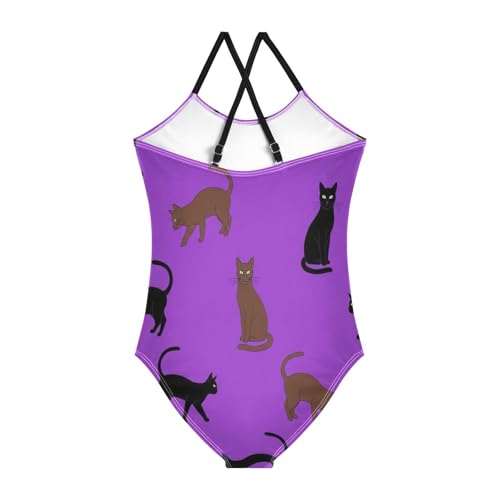 Brown Black Cats Purple One Piece Girls Swimsuit, Beach Swimwear 3-10 Y with Adjustable Shoulder Strap, 3-10 Y2