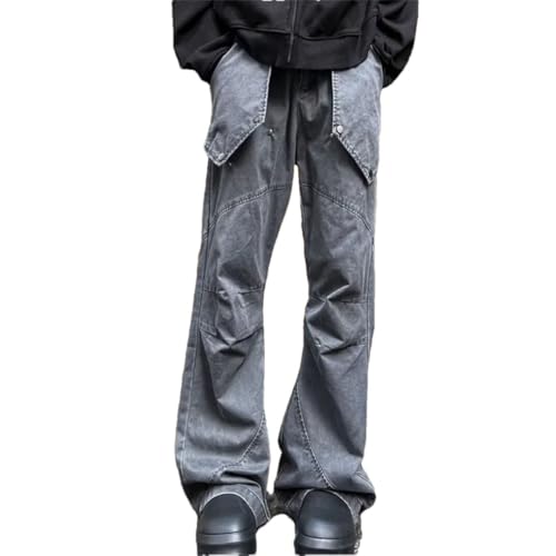Men Washed gray9 Pleated Baggy Flare Cargo Jeans Pants Clothes Cotton Streetwear Hip Hop Long Trousers