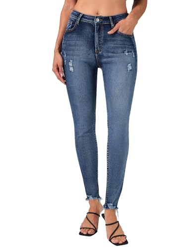 roswear Skinny Jeans for Women Mid Rise Ripped Stretchy Denim Pants Trendy Slim Fit Distressed Jeans