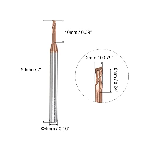 Image of uxcell Square Nose End Mill, 2mm Solid Carbide AlTiSin Coated Long Reach CNC Router Bits 2 Flutes Milling Cutter with Extended Neck, 10mm Cutting Length 4mm Shank